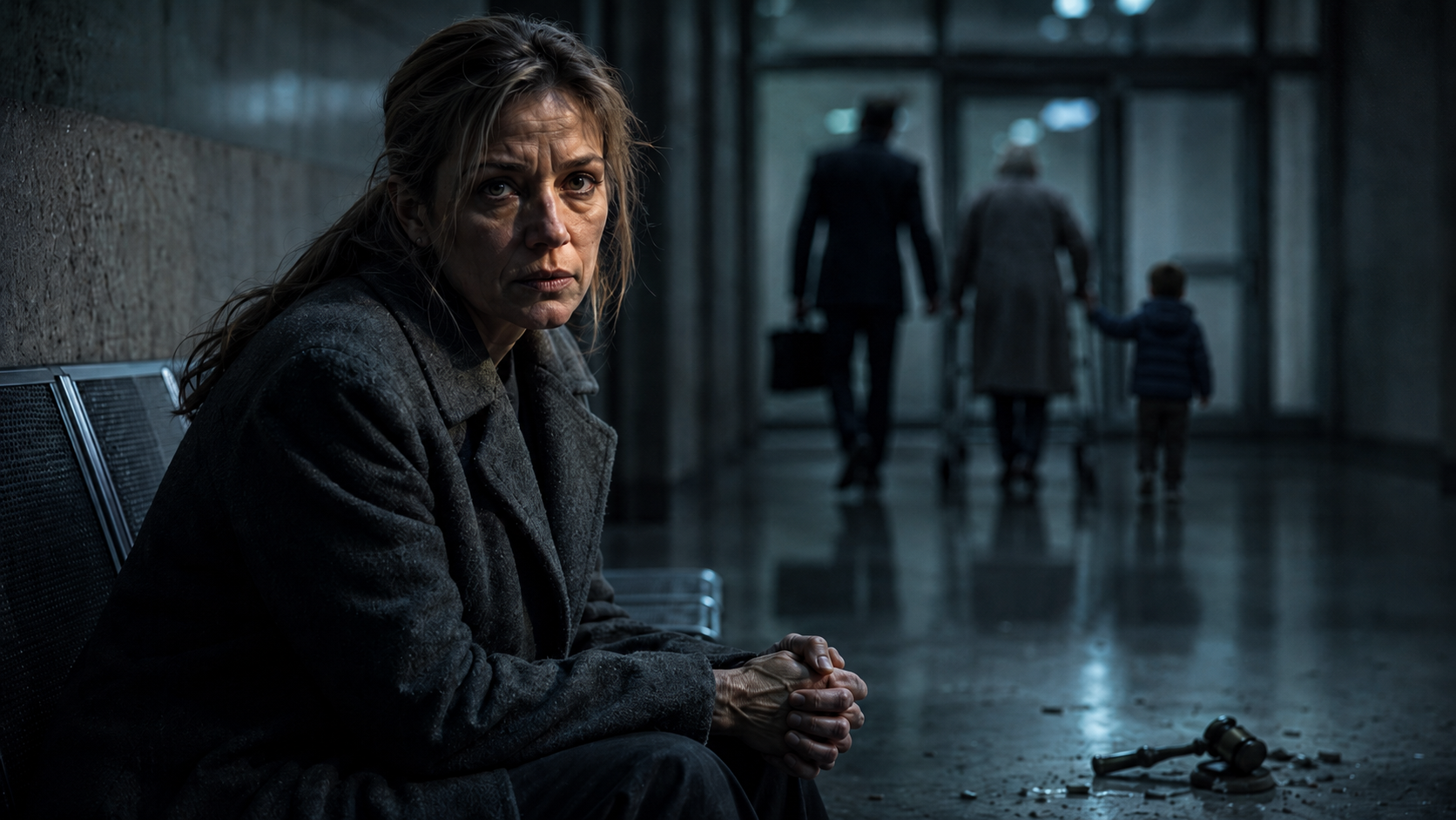 A mother sitting alone in a cold courthouse hallway